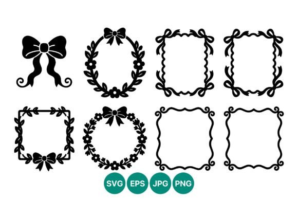 Black Floral Wreaths and Bow Frames for Graphic Design