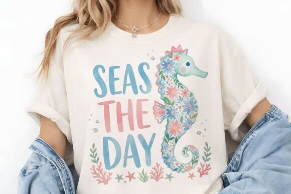 Blue Floral Seahorse Seas the Day: Editorial Graphics & Illustrations