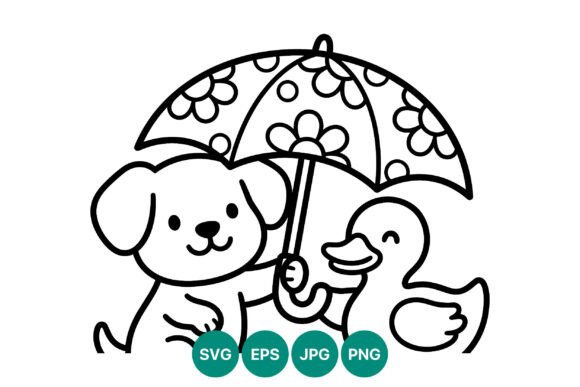 Cute Puppy and Duck Sharing Floral Graphics & Illustrations