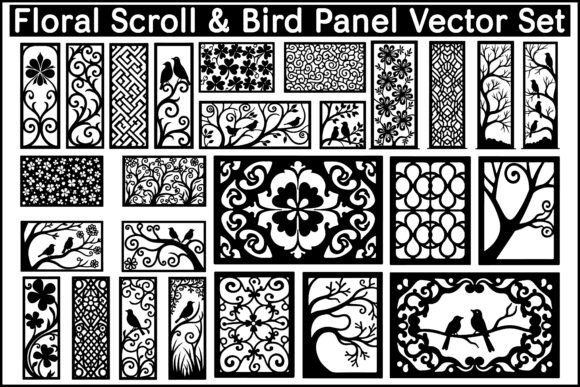 Floral Scroll Bird Panel Vector Set for Creative Projects