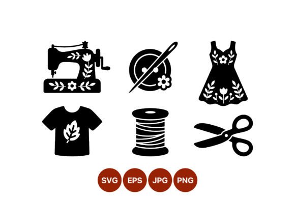 Floral Sewing Icons Black and White: Graphics & Illustrations
