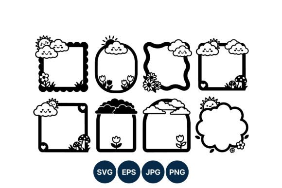Sun Cloud Floral Frames: Black & White Graphics
