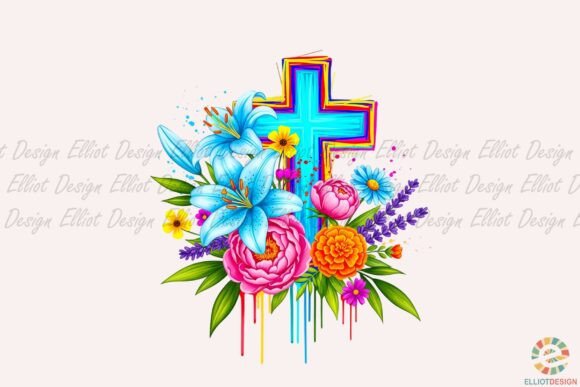 Vibrant Floral Cross Illustration: Graphics & Illustrations for Local Brands